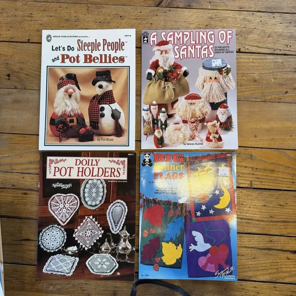 Vintage Craft Pattern Lot Santa Sewing Crochet Pot Holders Banner Flags 4pc
